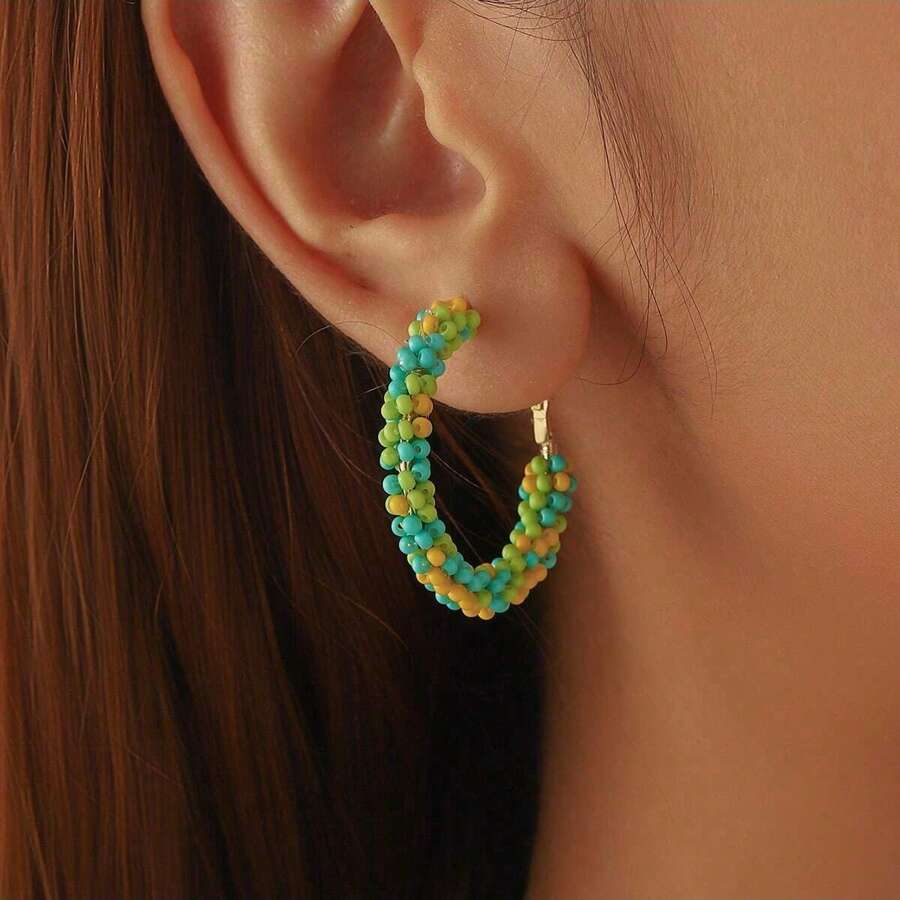 1 Pair Summer Colorful Beaded Earrings, Fashion Gradient Bead C-Shape Earrings, Stylish Vacation Vibe Essential
