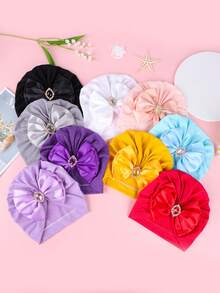 Gorro de niños con gemas de colores, decoración de lazo tridimensional de doble capa, gorra elástica tejida a mano a prueba de viento, gorro lindo para niñas pequeñas, adecuado para juegos al aire libre, fiestas y estilo diario