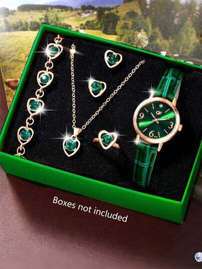 6 eleganckich damskich luksusowych, prostych, modnych, zielonych skórzanych zegarków kwarcowych z okrągłym wzorem w kolorze zielonym z diamentami, naszyjnikiem, bransoletą, pierścionkiem, kolczykami i zestawem biżuterii, odpowiednich na obchody Dnia Narodowego, jako prezent dla rodziny i przyjaciół. Kobiety, Boże Narodzenie, powrót do szkoły, uroczystości uliczne i spotkania rodzinne.