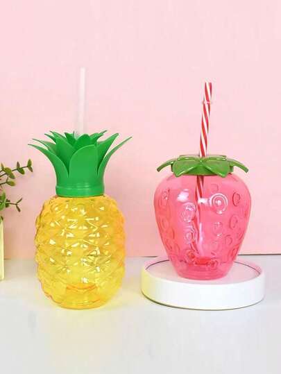 2 piezas 1 set de vasos de plástico con forma de piña con pajitas, vasos con forma de fresa, perfectos para fiestas de playa hawaianas, fiestas de cumpleaños temáticas, fiestas de playa tropicales de verano, vasos decorativos refrescantes de gran capacidad