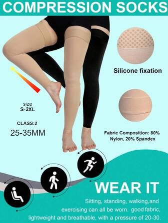 1 paire de chaussettes de compression noires grande taille, bas de compression toniques, convenant aux femmes, collants opaques sans orteils pour femmes, chaussettes de sport pour hommes, chaussettes longues polyvalentes pour femmes, fixation en silicone, protection des jambes et des genoux