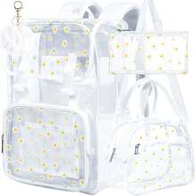 3PCS Clear Backpack, Heavy Duty Transparent Backpack For Girls Women, Stadium Approved See Through Backpack Set (White Daisy) - 米色 - 查看 1