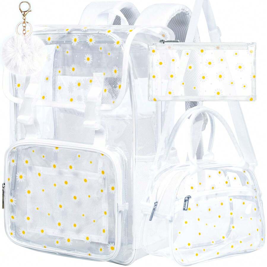 3PCS Clear Backpack, Heavy Duty Transparent Backpack For Girls Women, Stadium Approved See Through Backpack Set (White Daisy) - 米色 - 查看 1