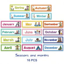 16PC English Week/Month Seasonal Word Card English Early Education Flash Card, Teaching Aids, (Week Card) Seasonal Card) Classroom Decoration, Commonly Used Word Cards, Erasable And Writable, Flash Cards, Puzzle (Some Accessories May Be Random)