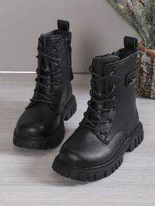 1 Pair Fashion Lace-Up Side Zipper Solid Color Minimalist Children Boots, Comfortable