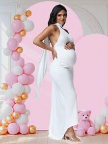 JustVH Vestido largo asimétrico con cuello fruncido y espalda descubierta con lazo para embarazadas, baby shower, sesión de fotos, fiesta, color blanco primaveral - Blanco - Ver 7