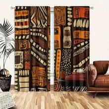 2pcs Bohemian Style Yellow Brown Geometric African Pattern Curtains - Rod Pocket Design, Privacy Protection, Easy Installation, Suitable For Bedroom, Living Room, Bathroom And Other Daily Decor, Machine Washable - Multicolor - View 14