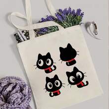 1pc Women's Fashion Canvas Shoulder Bag - Cute Black Cat Design With Red Scarves, Durable Polyester Canvas, Fade-Resistant & Machine Washable, Large Capacity Reusable Tote For Travel, Shopping, Picnic, Daily Use - Holiday Gift Bag, Novelty Purse, Picnic Accessory, Playful Print, Sturdy Construction, Casual Accessory,  Handbag, Highquality Fabric, Travel Essentials - 1套 - 查看 5