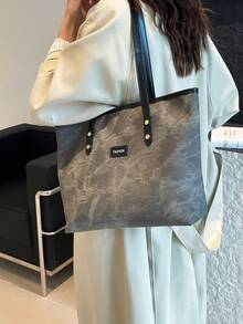 复古仿牛仔布 PU 托特包，大容量，手提包，单肩包，适合女性购物、上班通勤、学生返校和日常使用 - 深灰色 - 查看 5