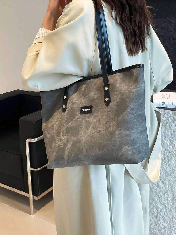 复古仿牛仔布 PU 托特包，大容量，手提包，单肩包，适合女性购物、上班通勤、学生返校和日常使用 - 深灰色 - 查看 5