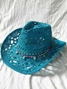 Women Cowgirl Hat, Soft Hollowed Straw Hat Beaded Wide Brim Beach Hat For Club Party - 藍色 - 查看 1