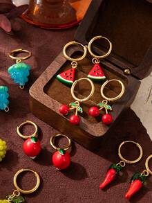 1对夏季时尚水果系列不锈钢精致耳环，樱桃、葡萄、苹果、西瓜、橙子造型，18K镀金，抗氧化，适合妻子和母亲日常佩戴。女士首饰。 - 彩色 - 查看 4