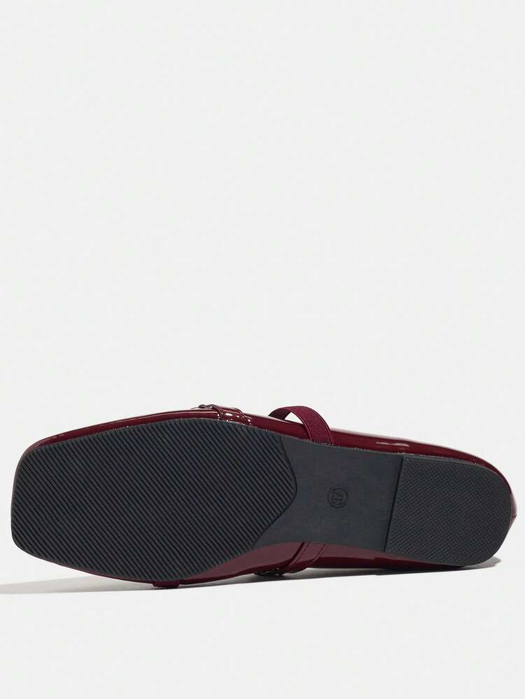 女士平底鞋，易于穿着，优雅低跟，百搭时尚闪亮红色方头玛丽珍芭蕾平底鞋，配有松紧带，适合圣诞节 - 酒紅色 - 查看 5