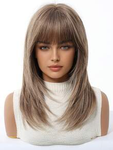 18 Inch Brown Layered Wig For Women Long Straight Wigs With Curtain Bangs, Synthetic High Density Heat Resistant Hair Wig For Daily Party,Natural Sexy Simple Casual Sports Preppy Cosplay Heat Resistant Fake Hair Or Holiday Party Everyday Wear,Halloween Christmas Gifts, Gifts For Girlfriends,Gifts For Girlfriends - 棕色 - 查看 3