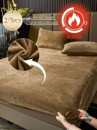 2/3 st kaffebrunt sammetslakanset varmt mjukt enfärgat fuzzy dra-på-lakanset king size queen size full twin, lyxigt supermjukt och mysigt underlakan med 28 cm djup ficka, lämplig för höst vinter och vår 1 dra-på-lakan + 1/2 st örngott sovsal sängkläder baktill skolsängkläder