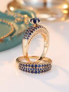 1 套奢华女士圆形新娘方晶锆石结婚戒指，复古订婚承诺戒指，可作为礼物送给她 - 金色 - 查看 8