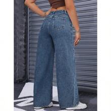 Solid High Waist Wide Leg Slant Pocket Jeans - 藍色 - 查看 2