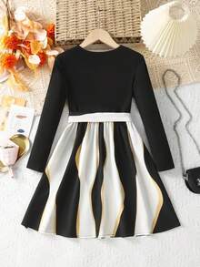 Girls' Patchwork Geometric Print Fitted Tie-Waist Long Sleeve Casual Elegant Dress, Suitable For Daily Wear, Parties And Casual Outings