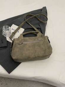 New Vintage PU Leather Women Handbag, Fashion Zipper Shoulder Bag With Detachable Strap, Women Work Travel 2-In-1 Bag, Gray, Black, Green - Khaki - View 9