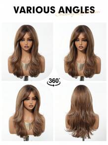 棕色高光渐变浪漫 22 英寸长波浪发带刘海合成假发，适合女性日常使用派对度假节日自然浪漫性感优雅简约休闲万圣节圣诞节角色扮演耐热假发角色扮演派对假发，适合时尚女性日常学校穿着