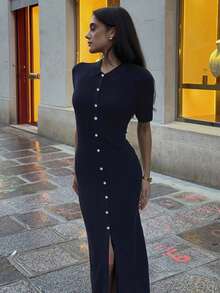 Váy len dệt kim đơn hàng khuy đơn thanh lịch cho nữ, váy midi dáng ôm cổ chữ V đơn giản, trang phục công sở mùa thu - Màu xanh lam - Xem 3