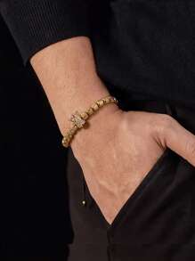 HOTNICE A Men's Fashionable Crown Charm Bracelet, Stainless Steel Adjustable Beads, Synthetic Cubic Zirconia, Thanksgiving/Christmas/Father's Day Jewelry Gift - Gold - View 7