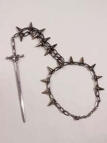 1 件时尚朋克风格黑色刺钉铆钉装饰长项链，街头休闲装 - 彩色 - 查看 4