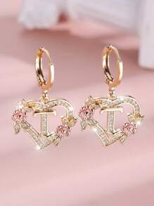 1 对心形首字母方晶锆石环形耳环，适合女士少女，精美心形雕刻 26 个字母 A-Z 和个性化名字花朵耳环，适合日常情人节珠宝生日礼物、妈妈、母亲、母亲节、礼物 - 花心形字母 - 查看 39