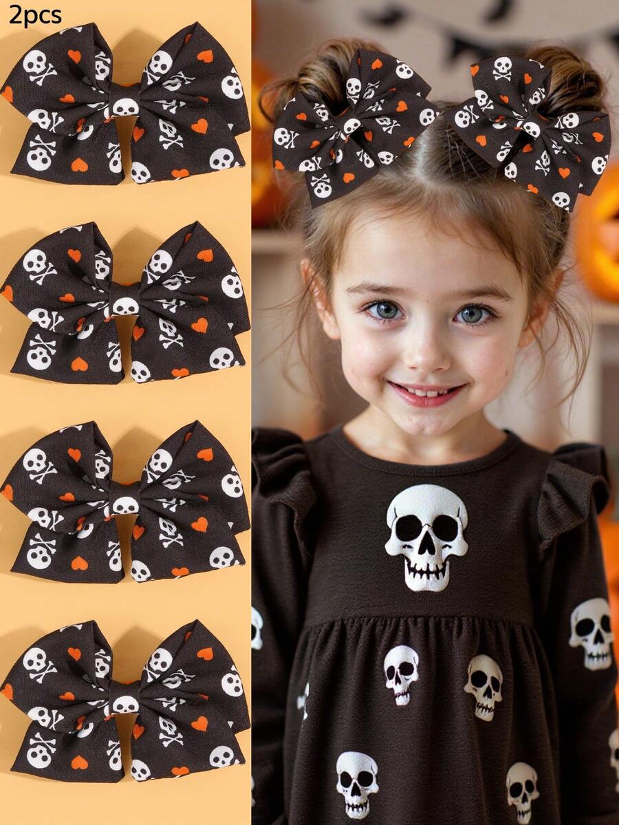 2 piezas Pinzas para el cabello con moños naranja y negro de Halloween para niñas, pinzas para el cabello con moños decorados con calaveras de tela, accesorios para el cabello divertidos como regalo de Halloween para adolescentes - Naranja - Ver 1