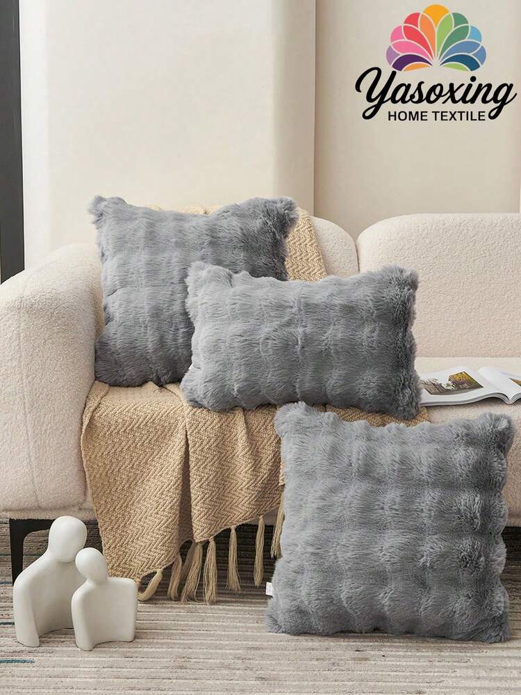 1pc Light Gray Faux Fur Decorative Throw Pillow Cover (Pillow Insert Not Included), Modern Flannel Fuzzy Cushion Cover With Zipper Closure, Suitable For Home, Sofa, Living Room - Light Grey - View 1