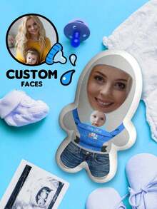 A Pillow That Can Be Customized For Two People's Photos, With Blue Overalls Holding A Baby, Suitable For Birthday Parties, Father's Day, Mother's Day, Halloween, Christmas, Christmas Eve, Valentine's Day, Birthdays, Personalized Day, Thanksgiving, Easter, April Fool's Day, Carnival, School Day, National Day