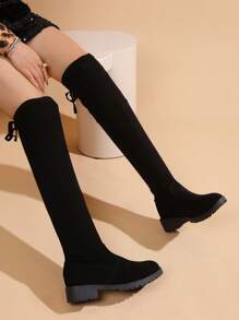 1 Pair Chunky Heel Round Toe Versatile Thigh High Boots, Black Tall Boots, Flat Boots For Teenage Girls - Black - View 4