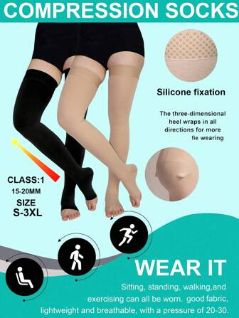 1 paire de chaussettes de compression noires grande taille, bas de compression de couleur chair opaque de niveau 2, convenant aux hommes et aux femmes, orteils ouverts de couleur chair, chaussettes de sport pour hommes, chaussettes hautes polyvalentes pour femmes, fixation en silicone, soutien pour les jambes et les genoux