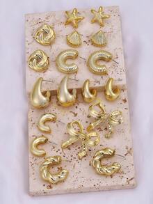 8/10/18件套海星、贝壳、蝴蝶结、水滴、耳钉、扭纹C形耳环套装，海洋风耳环，适合作为礼物送给家人、朋友，也适合节日、夏季海滩派对以及女士日常佩戴。 - 金黃色 - 查看 2