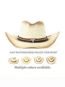 1 pieza Sombrero de paja tipo Panamá casual y bohemio con bloques de color, protección UV y a prueba de viento, versátil para hombres y mujeres, para todas las estaciones