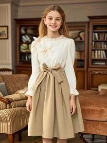 女童优雅 3D 花卉串珠设计荷叶边领长袖连衣裙，撞色荷叶边下摆和装饰腰带，适合春秋季节 - 卡其色 - 查看 3