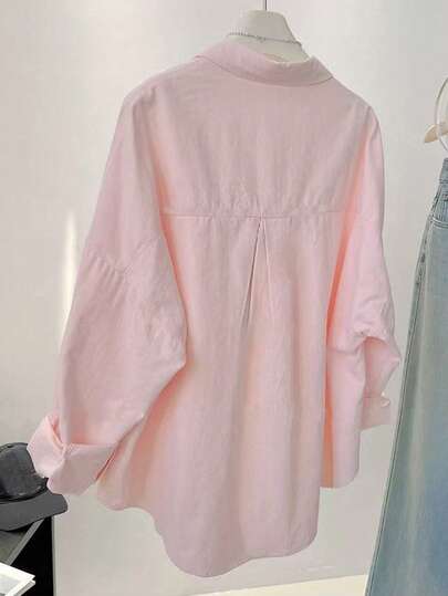 Plus Size Women's Button Down Shirts Casual Solid Color Long Sleeve Loose Fit Collared Blouses Tops Pink Spring