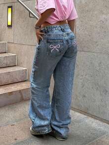 Fashionable Millennium Style Casual Women's Classic Light Color Embroidered Back Pocket Straight Leg Long Jeans - Rửa tối - Xem 8