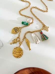 Monlansher 新款女士串珠多吊坠项链，镶嵌绿石珠、珍珠、椰子树、鱼和圆盘饰物，不锈钢吊坠项链，时尚奢华女士项链 - 金色 - 查看 12