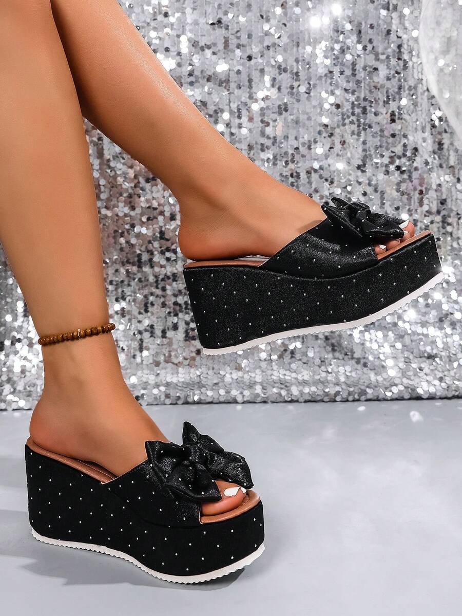 2025 女士凉鞋，性感豹纹蝴蝶结厚底坡跟凉鞋，女士时尚圆头一脚蹬高跟舒适凉鞋，春夏休闲日常派对必备，与连衣裙完美搭配