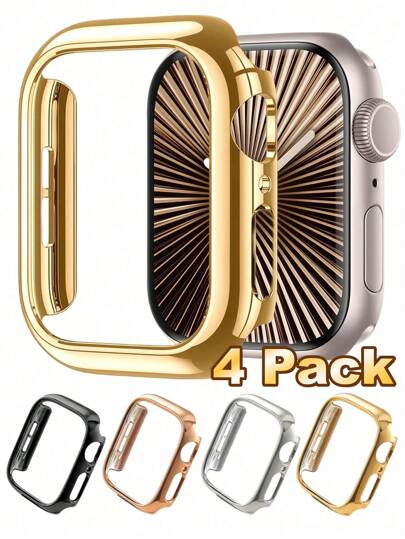 4 Packs Hard Material Electroplated Gold Hollow Frame Protective Frame Compatible With Apple Watch Case Ultra 11 10 SE 9/8/7/6/5/4/3/2/1 For Apple Watch Case SmartWatch 40MM/41mm/42MM/44MM/45MM/46MM Ultra-Thin Cover Leisure Anti-Shock Anti-Scratch Anti-Collision Sensitive Touch ((No Glass) Compatible With IWatch For Women Man