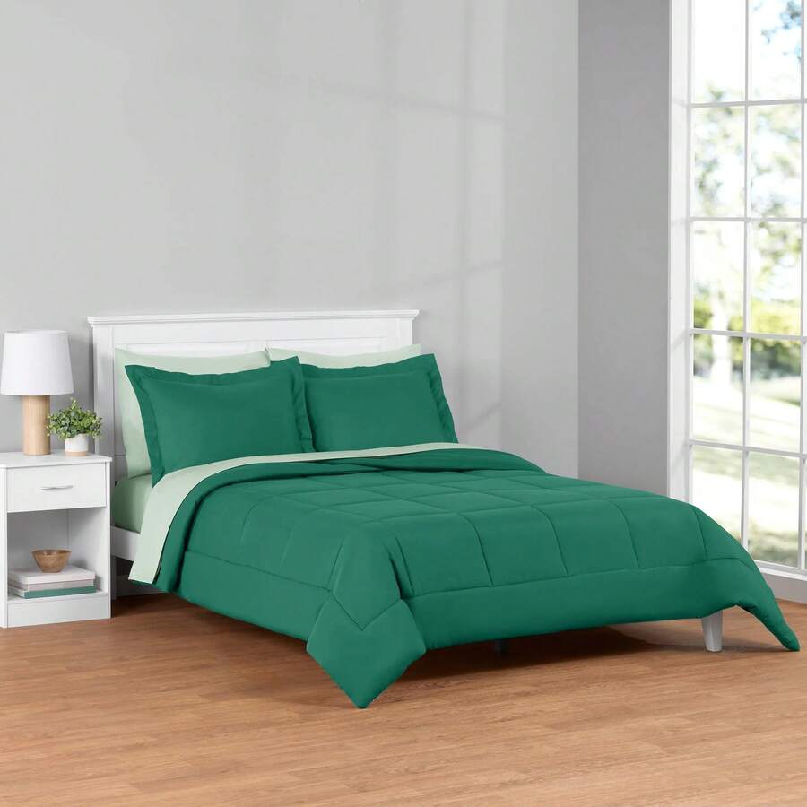 7-Piece Reversible Bed In A Bag Comforter Set With Sheets, Blue Floral, Queen - Green - View 1