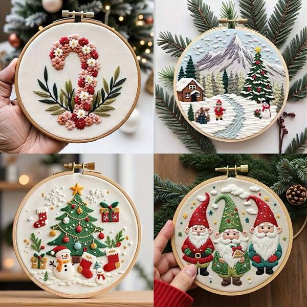 1pc High Quality New Christmas Series Pattern DIY Embroidery Kit, Includes Needles, Threads, Embroidery Hoops, English Instruction Manual, Suitable For Christmas Decorations, Christmas Tree Ornaments, Home Decor, Thanksgiving, Harvest Festival, Winter Decorations, Holiday Gifts (10 Styles Available, One Style You'll Love)
