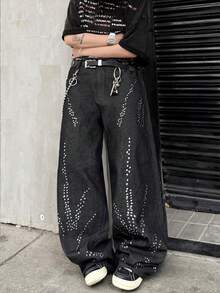 Infinite Jeans 1pc American Vintage Personalized Rhinestone Distressed Ripped Wide Leg Jeans Loose Fit Long Pants For Men (Product Does Not Include Belt And Accessories) - Black - View 5