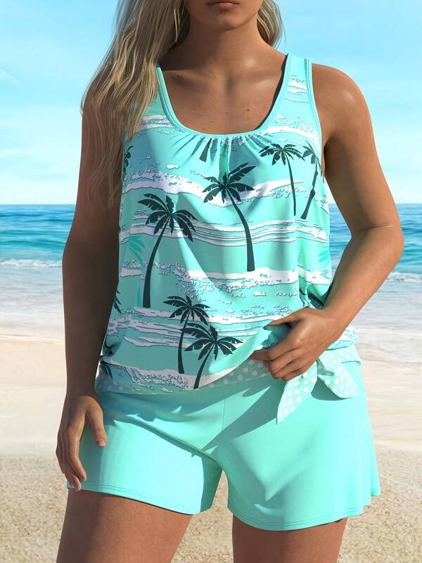 Casual Boho Beach Plus Size Tankini Set With Palm Tree Print, Flowy Tank Top & Tie-Accent Shorts – Comfortable, Flattering, And Stylish For Beach Days