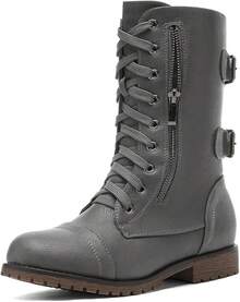 Mid Calf Lace-Up Military Combat Boots - Women's Functional Wallet Pocket Boots - Grey - View 1