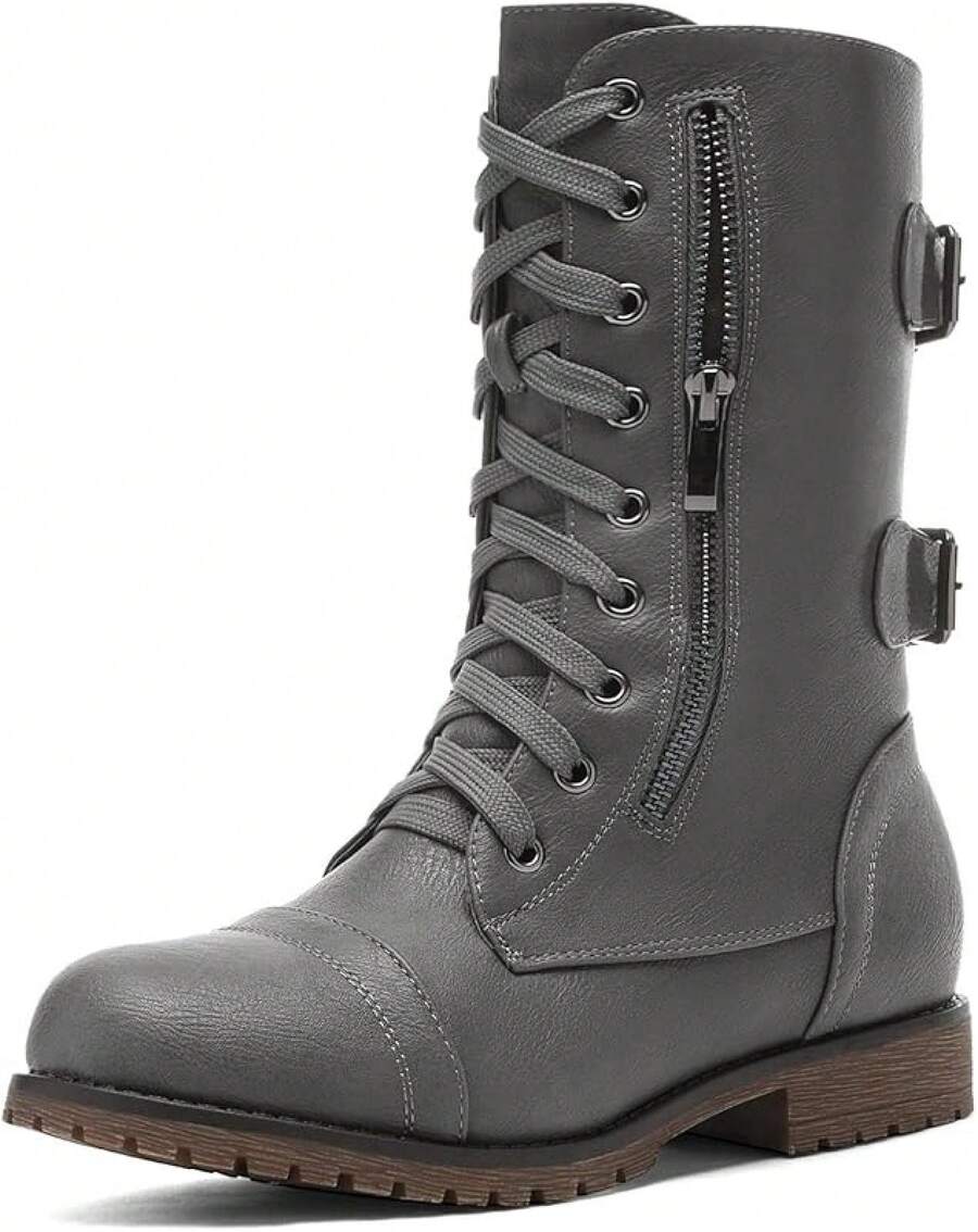 Mid Calf Lace-Up Military Combat Boots - Women's Functional Wallet Pocket Boots - Grey - View 1