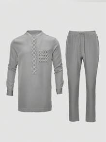 Men's 2-Piece Dashiki Set, Embroidered Pocket, Long Sleeve Round Neck Shirt With Split Hem, Elastic Waist Pants, African Style, Men's Casual Shirt & Trousers Set, New Season Design, For Party, Date, Wedding - Grey - View 2