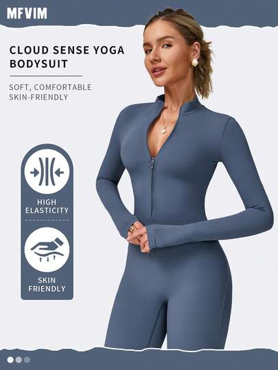 MFVIM 女式紧身深蓝色拉链连体裤 - 透气长袖，适合瑜伽、跑步和健身 | 时尚高性能塑身衣