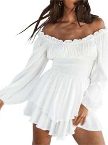 White Flowy Pirate Dress Halloween Fairy Costume Women Girls Y2k Long Sleeve Ruffle Off Shoulder Corset Mini Romper Dress Babydoll Casual Shorts Jumpsuit Cute Preppy Country Concert Cowgirl Outfits Halloween Cosplay Party Dresses - White - View 1